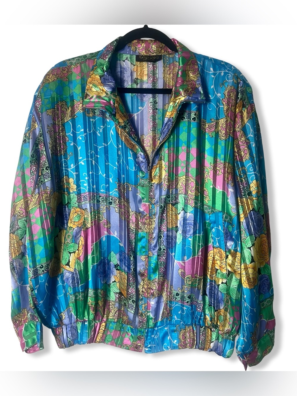 Amber Dawn High Fashion VTG 90s Baroque Floral Print Satin Bomber Jacket Sz L